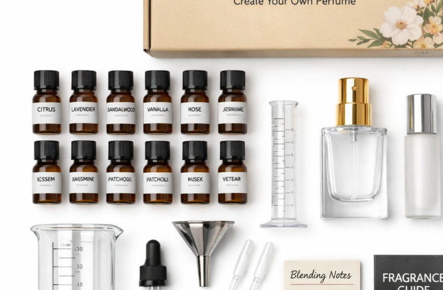 The Nomad Kit — essence bottles, mixing tools, blending notes, and fragrance guide laid out